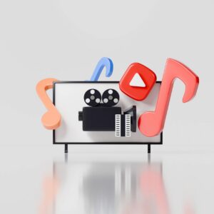3d tv streaming icon. short video concept. minimal cartoon movie camera music notes play button for app ui. isolated on white transparent background. 3d render.